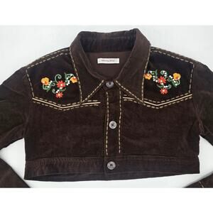 Vintage Y2K Cherry Knit Brown Corduroy Cropped Jacket L Embroidered Western